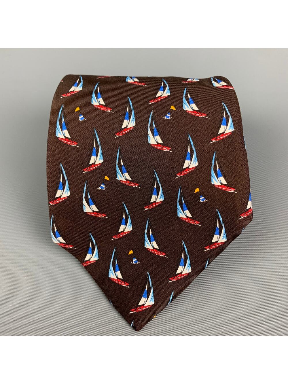 ETRO Brown Print Sailboat Print Silk Tie